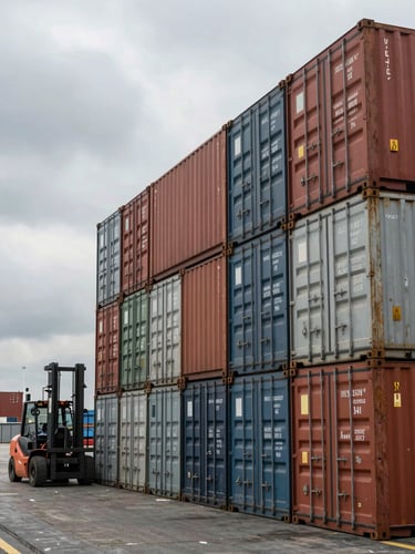 Wide environmental shot from dock level, stacked shipping containers filling the right frame under a heavy overcast sky, a forklift partially visible at the left edge mid-ground, natural grey daylight, no people in foreground