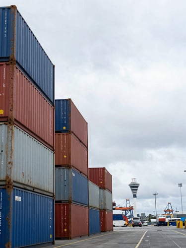 Wide environmental shot, left-bleed, containers stacked dockside under heavy overcast sky, Auckland port infrastructure visible in background, natural flat daylight, no figures, industrial scale