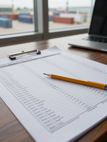 Overhead close view of a paper route chart spread across a dock office desk, a pencil resting diagonally across printed departure columns, overcast window light from the upper left, container yard visible through the glass in the background