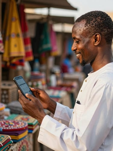 Side view of a smiling Sudanese local merchant in a vibrant market stall, holding a smartphone showing a digital storefront, warm golden hour sunlight, shallow depth of field
