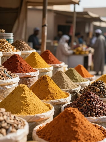 Warm editorial photography of a vibrant Sudanese market stall with colorful spices, bright natural daylight, rich gold tones.
