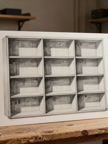 Straight-on architectural detail of a hand-drawn pencil sketch of a custom bookcase resting on an oak workbench, soft directional workshop light from the side, graphite lines visible, warm wood grain backdrop.