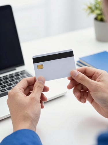 Straight-on close-up of hands holding a clean plastic smart card over an organized office desk with a laptop, bright high-key daylight, corporate blue accents