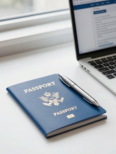 A close-up of a neat desk with a blue passport folder, a metallic pen, and a laptop showing an official application portal under bright window light.