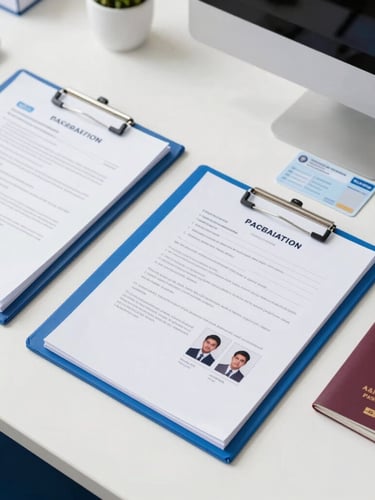 Flat-lay of neatly organized document folders, Aadhaar card, and passport photos on a clean white desk, bright natural daylight