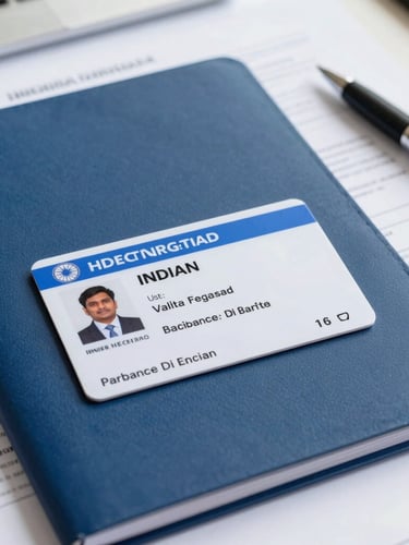 A clean flat-lay of an Indian vehicle registration smart card placed on a professional dark blue folder, surrounded by a pen and official documents under bright office daylight.