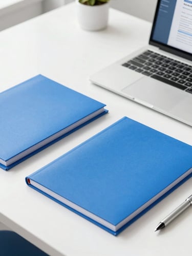 A professional flat-lay of organized blue document folders, a sleek silver pen, and a laptop showing a clean application form on a bright sunlit office desk.