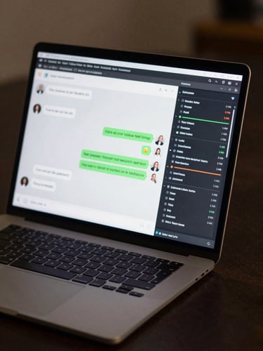 Close-up wide shot of a laptop screen displaying a chatbot conversation window with visible metrics panel to the right, dark desk surface, even studio lighting, interface elements sharp and mid-task