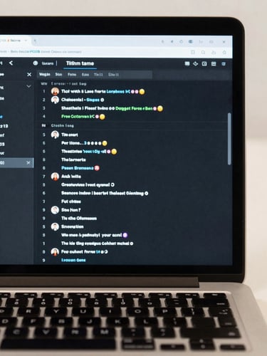 Close-up of a laptop screen showing a live chatbot conversation dashboard with message threads and response-time metrics, shot straight-on under even studio light, keyboard visible at bottom edge