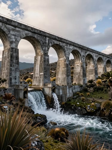 Plano medio de la bocatoma de concreto del acueducto San Isidro rodeada de vegetación nativa del páramo de Tasco, agua cristalina fluyendo bajo la luz natural de la tarde andina