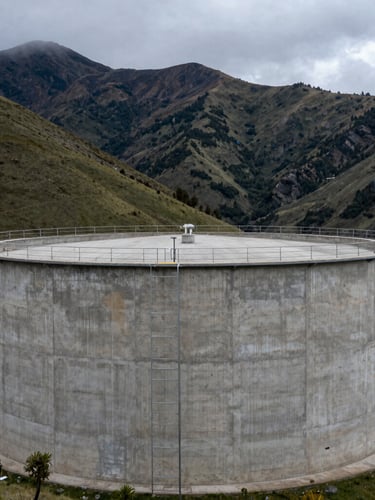 Wide shot of a concrete water storage tank on a green Andean hillside in Tasco, overcast mountain sky, cold highland daylight.