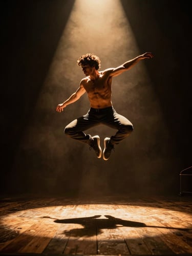 Low-angle dynamic action shot of Nico S. Rubio mid-air, dramatic theatrical spotlight from above casting warm gold backlighting, deep shadows, wooden stage floor, 35mm film.