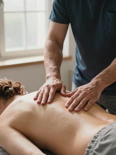 Plano medio de un fisioterapeuta realizando una suave movilización articular en la espalda de un paciente, luz natural suave entrando por un ventanal, ambiente clínico cálido y minimalista.