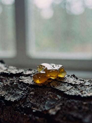 Macro 35mm film shot of raw dripping pine resin on dark bark, soft window light, desaturated forest tones.