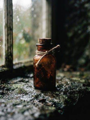 Moody film photography of an amber glass apothecary bottle on a damp stone surface, soft north-facing window light, desaturated moss green tones, macro lens, 35mm