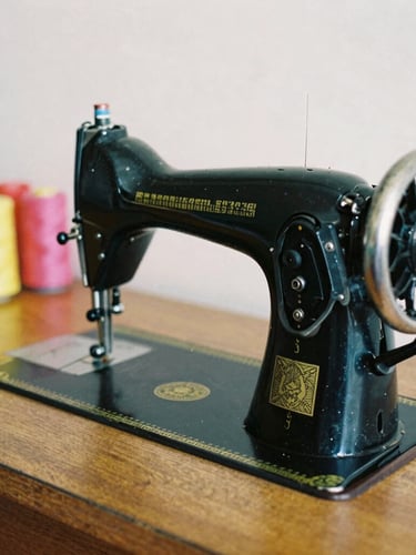 A vintage black sewing machine on a wooden table, colorful spools of thread arranged neatly in the background, soft daylight, 35mm film look