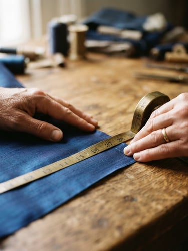 Macro close-up of hands measuring fine silk fabric with a brass tape on a wooden table, soft natural workshop light, shallow depth of field
