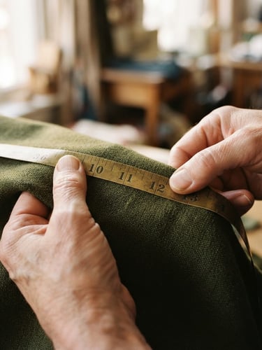 Macro close-up of hands measuring rich cotton fabric with a brass tape measure, warm natural morning light filtering through a workshop window