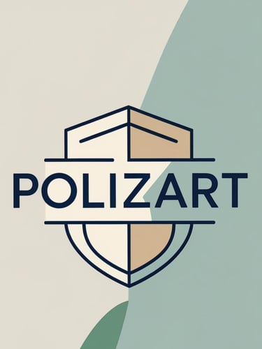 Polizart brand logo featuring a geometric shield icon in beige and navy blue on a two-tone background.