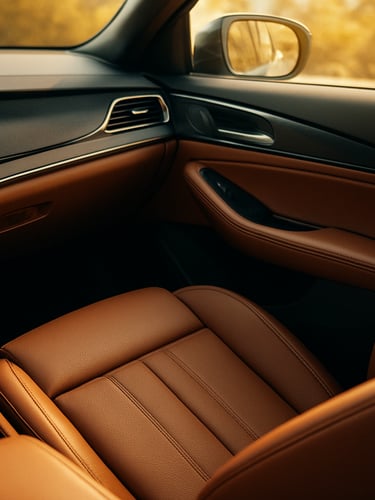 Interior of a clean, premium modern vehicle, air conditioning vents visible, leather seats, soft golden daylight filtering through the window, high-end travel feel