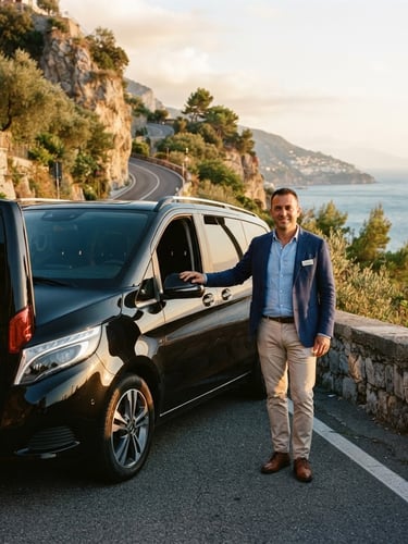 A professional local driver in smart-casual attire standing next to a clean, modern black premium van, warm golden hour Mediterranean light, coastal road in the background, 35mm photography