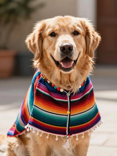 Vibrant pet photography, a happy golden retriever wearing a colorful handcrafted Mexican poncho, looking directly at the camera, bright natural daylight, shallow depth of field, warm editorial style, 35mm