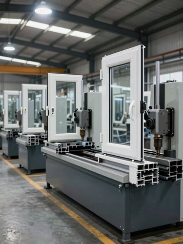 Wide-angle industrial factory floor, clean rows of CNC corner welding machines processing heavy-duty uPVC window profiles under bright overhead lighting.