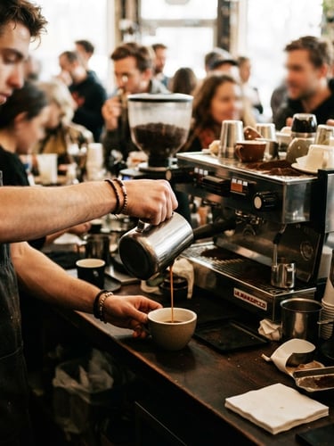 Candid shot of a bustling solidarity café counter, barista hands pouring coffee, warm ambient light, blurred faces of community members, 35mm film grain, high contrast.