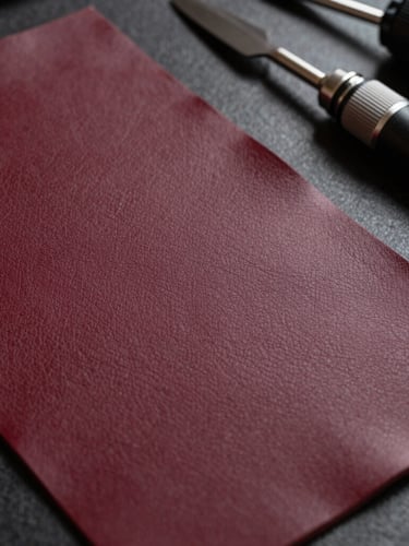 Extreme close-up focusing on the texture of premium burgundy leather swatches and custom sneaker tools on a dark workbench.