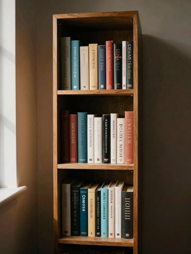 Full-height architectural crop of our open-back book tower in a narrow alcove, dramatic directional side-light