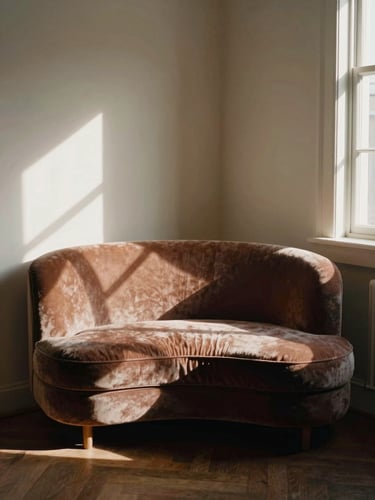 Straight-on architectural crop of a curved velvet loveseat in a narrow sunlit apartment corner, dramatic window light casting long shadows