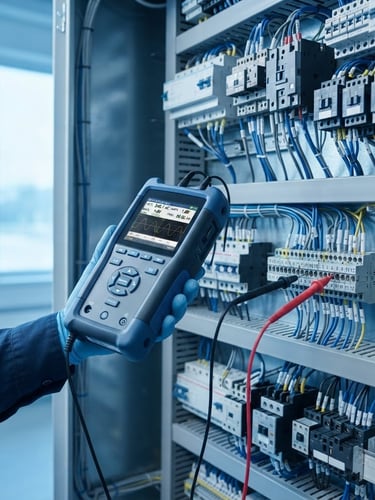 Close-up of a high-precision digital diagnostic tool testing an organized electrical control panel with clean wiring, bright daylight, blue tones.