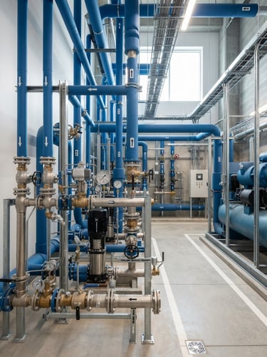 Bright clean daylight shot of an organized commercial mechanical room with blue pipes and metallic valves, architectural focus, sharp corporate photography