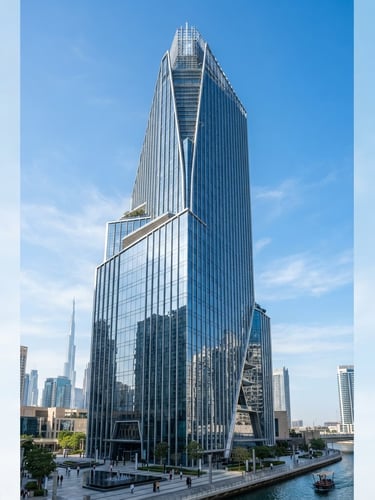 Wide architectural shot of a modern glass high-rise commercial building in Dubai, bright clean daylight, crisp focus, cool blue tones.
