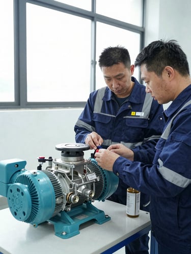 A certified technician in clean, branded high-vis gear examining a complex mechanical pump system inside a brightly lit utility room.