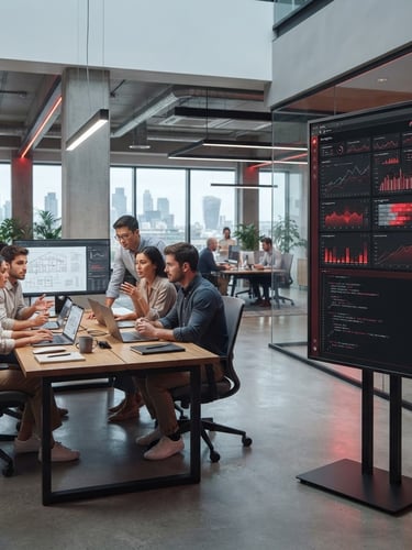 Wide panoramic shot of a modern tech office, cool daylight, subtle red ambient highlights. To the right, a high-resolution device mockup displaying an analytics dashboard with red accent lines and a clean code snippet. To the left, professionals collaborating in a structured, focused manner. Sharp focus, premium tech office, 50mm.