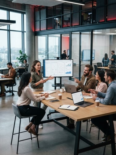 Wide shot of professionals collaborating in a sleek, modern tech office, cool daylight, subtle red ambient highlights, sharp focus, device mockups on screens.