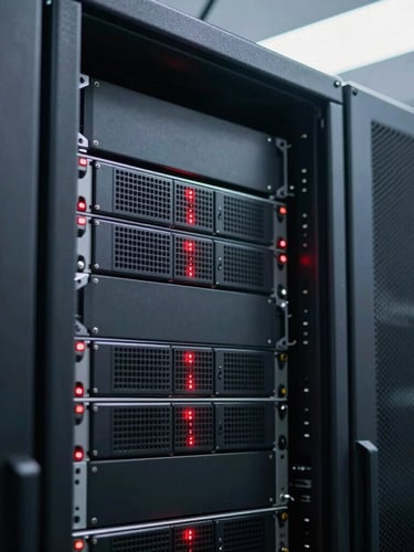 Close-up of server infrastructure with subtle red LED light accents, sharp focus, sleek editorial photography, conveying engineering precision.