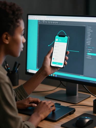 Close-up of a young African designer reviewing a mobile app UI on a large monitor in a dark studio, neon cyan glow from the screen illuminating their face and hands on a trackpad, cables and design tools visible on the desk, cinematic contrast
