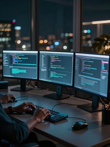 Wide shot of an African professional workspace at night, three monitors glowing with code editors and design tools, cool cyan LED light washing across a dark desk, hands on keyboard visible in foreground, city lights blurred through a window in the background