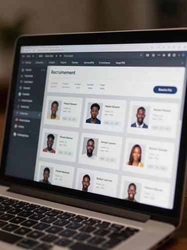 Extreme close-up of a laptop screen displaying a recruitment dashboard with African candidate profile cards, skill tags and match percentage indicators, cool LED workspace lighting, shallow depth, dark interface