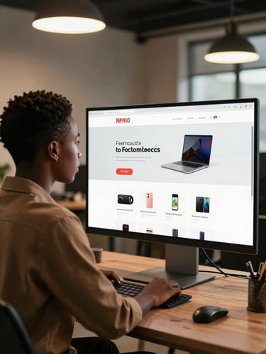 Medium shot of a young African entrepreneur reviewing a finished e-commerce website on a large monitor in a Lagos co-working space, warm overhead studio lighting, screen clearly showing product listings