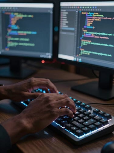 Extreme close-up of a young African man's hands typing code on a backlit mechanical keyboard in a dim workspace, multiple monitors glowing with code editors and terminal windows, cool LED ambient light, high-contrast cinematic framing