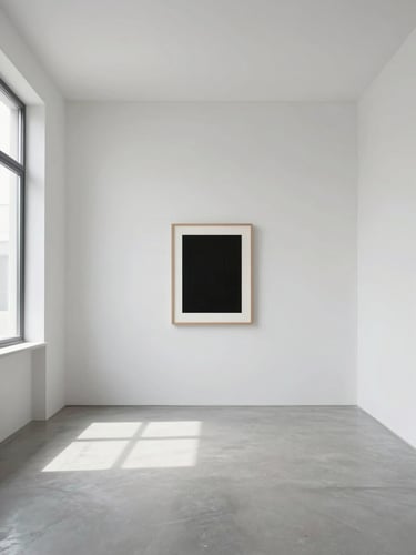 Interior of a minimal studio space, empty white walls with a single framed artwork at center, clean even daylight from a side window, architectural precision, low horizon