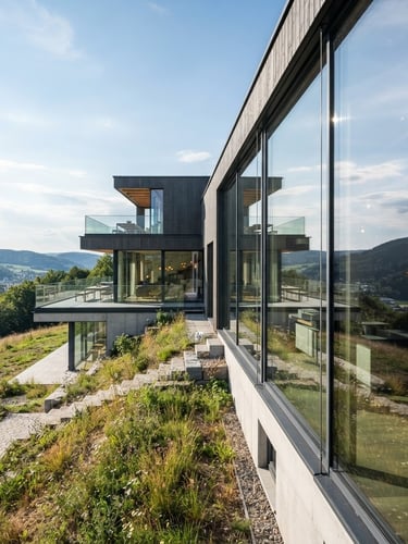 Wide panoramic view of a modern house in Albstadt with large, sparkling clean glass facades reflecting the Swabian Alb landscape, bright natural daylight, crisp architectural photography, cool blue and slate tones, high contrast, sun flares on the glass, image on the right side bleeding to the edge.