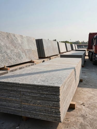 Wide environmental shot of a granite fabrication yard, stacked polished slabs in rows under open sky, a loaded flatbed truck at the right edge, raking daylight casting strong shadows across the stone surfaces, no people