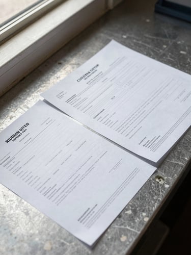 Overhead close-up of export shipping documents, a bill of lading and customs declaration form spread on a steel worktable beside a granite slab edge, natural window light, no people, crisp documentary framing