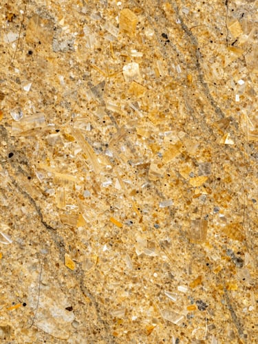 Extreme close-up of Crystal Yellow granite slab surface, raking natural daylight from the left revealing crystalline grain movement and warm golden ground tones, high tonal contrast, no people, no room context, industrial documentary framing