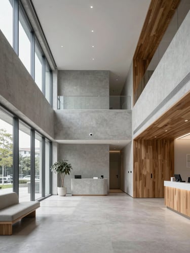 Architectural view of a minimalist, high-end medical clinic interior with cool natural light, clean lines, concrete and warm wood accents, wide-angle portrait framing.