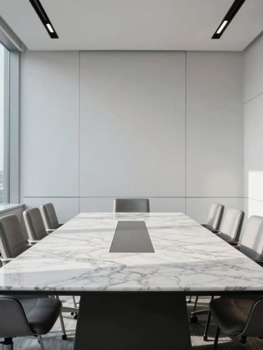 A minimalist, high-end corporate boardroom with a large marble table, clean architectural lines, cool natural window light, sharp shadows, luxury modern financial office aesthetic.